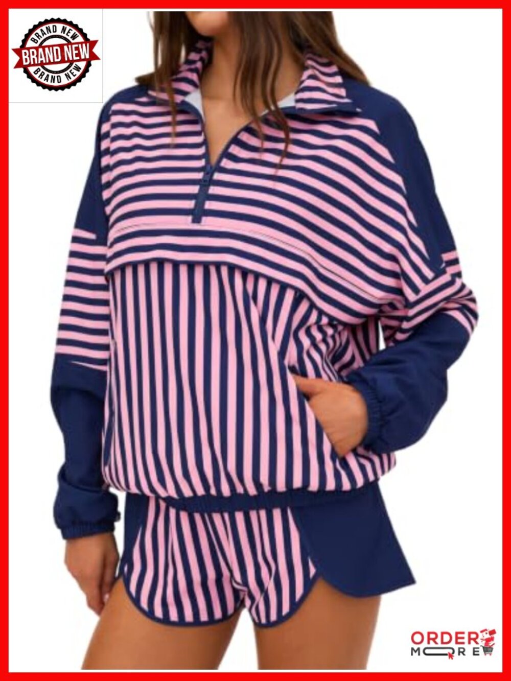 Striped 2 Piece Workout Set Long Sleeve Zip Top & Shorts